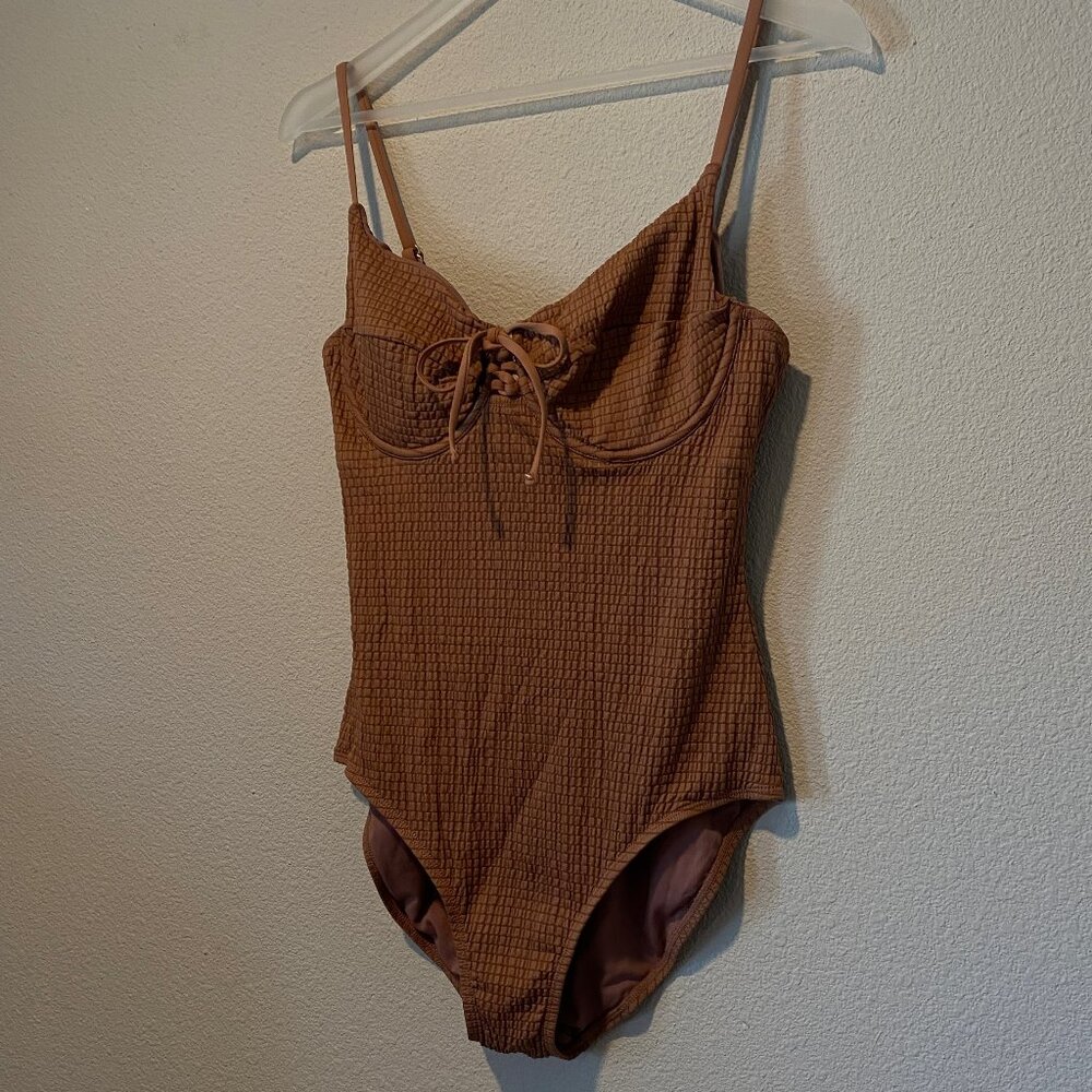 Time and Tru Brown Waffle Mesh Corset One Piece Swimsuit Underwire‎